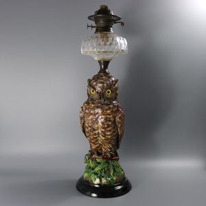 Wilhelm Schiller Majolica Owl Figural Lamp
