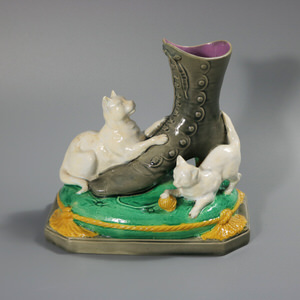 Brown Westhead Moore Majolica Kittens Vase