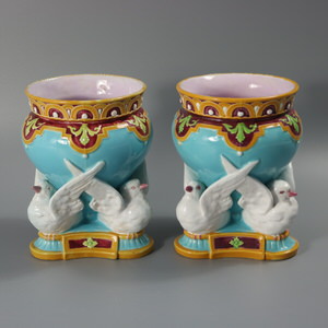 Pair of Minton Majolica Fantail Pigeon Vases
