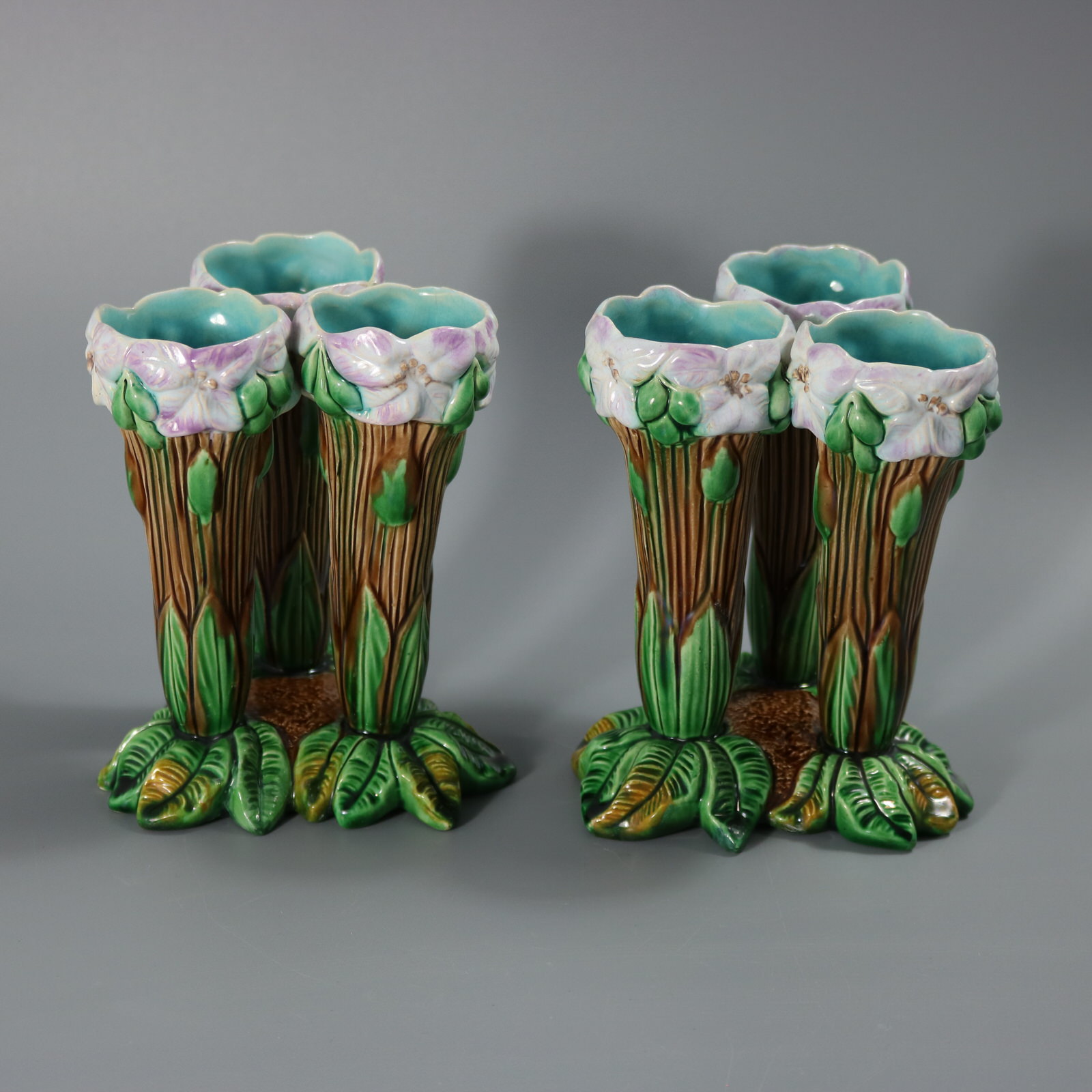 Pair of English Majolica Triple Throated Flower Vases - ID#23285 Image 2