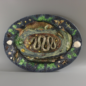 Large School of Paris Palissy Majolica Wall Platter With Snake And Fish