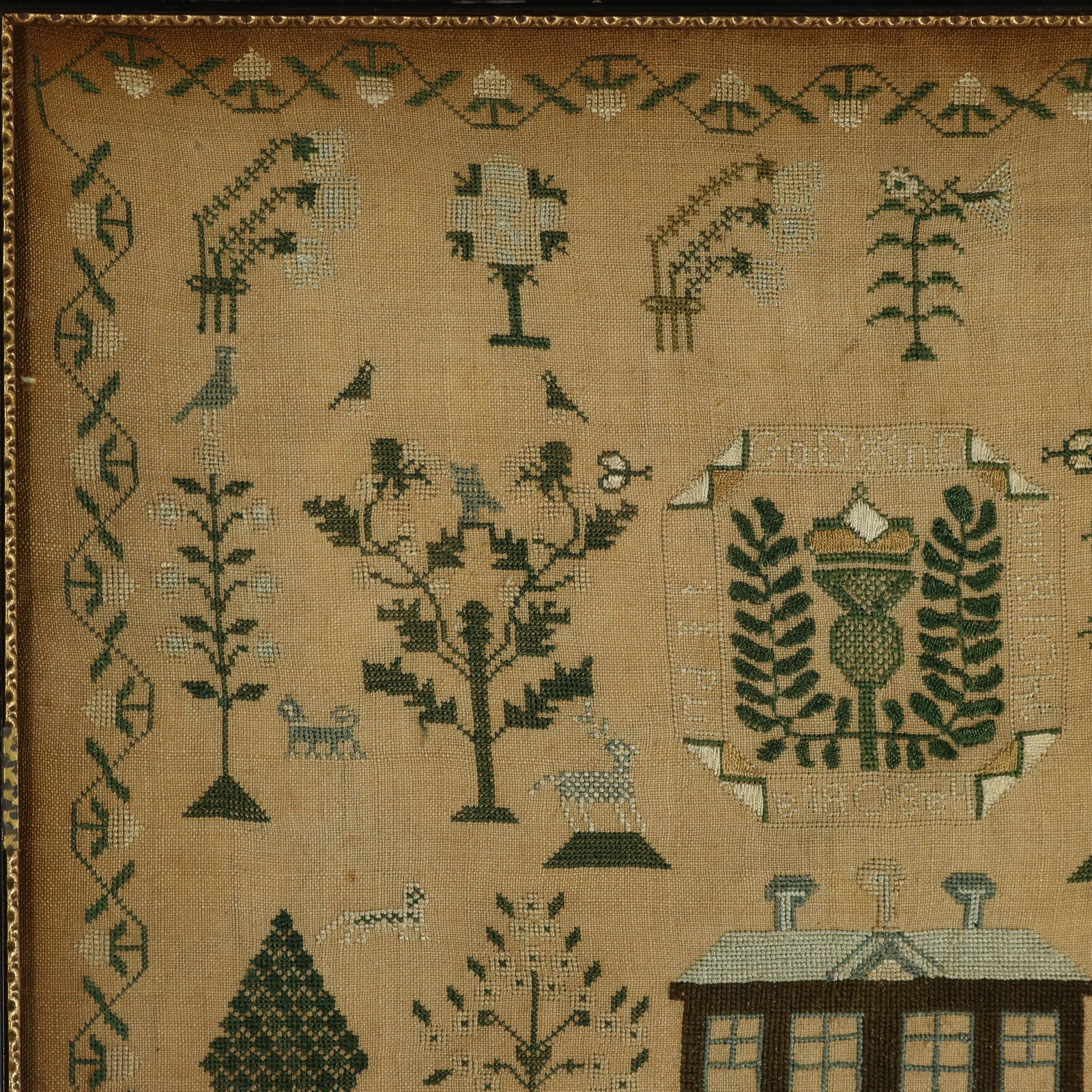 Antique Scottish Sampler, with House and Thistle - ID#23361 Image 2