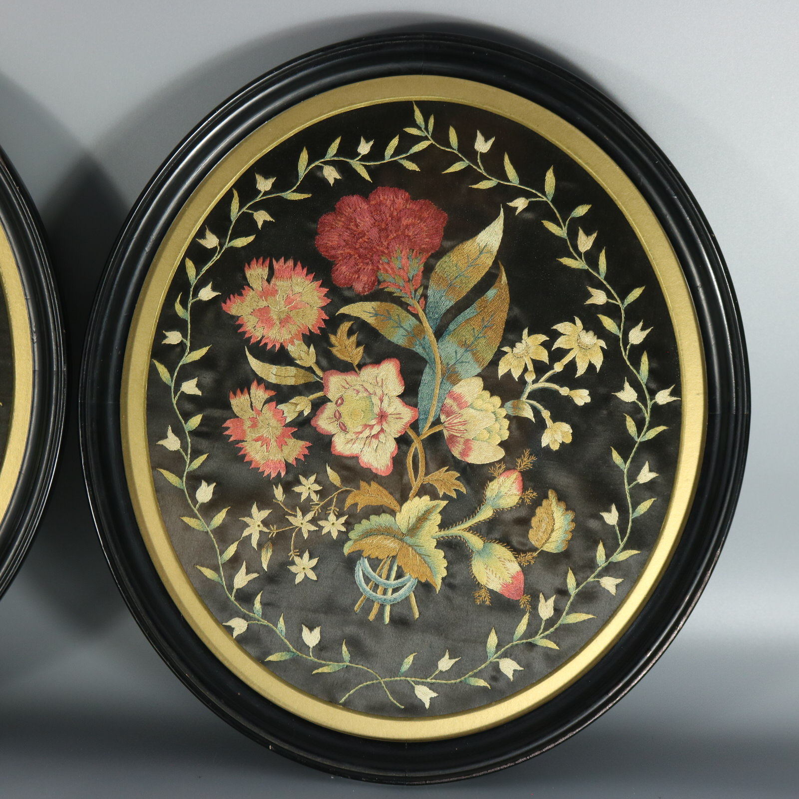 Pair Georgian Silkwork Embroideries of Flowers - ID#23362 Image 2