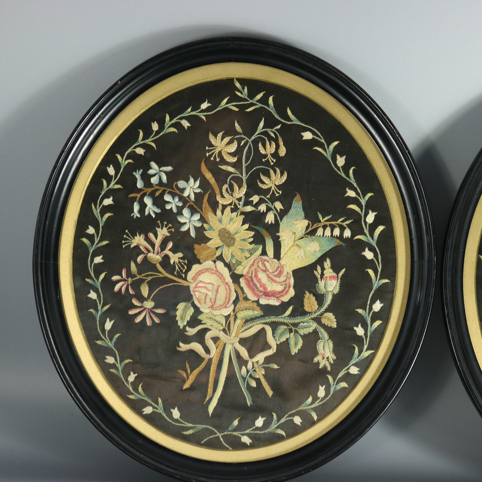 Pair Georgian Silkwork Embroideries of Flowers - ID#23362 Image 5