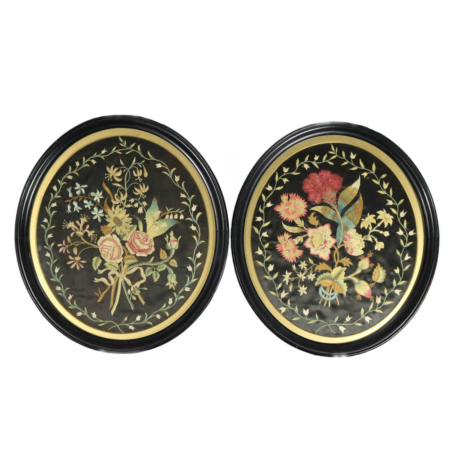 Pair Georgian Silkwork Embroideries of Flowers - ID#23362 Image 1