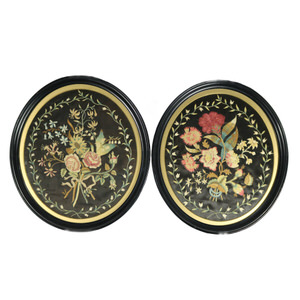 Pair Georgian Silkwork Embroideries of Flowers