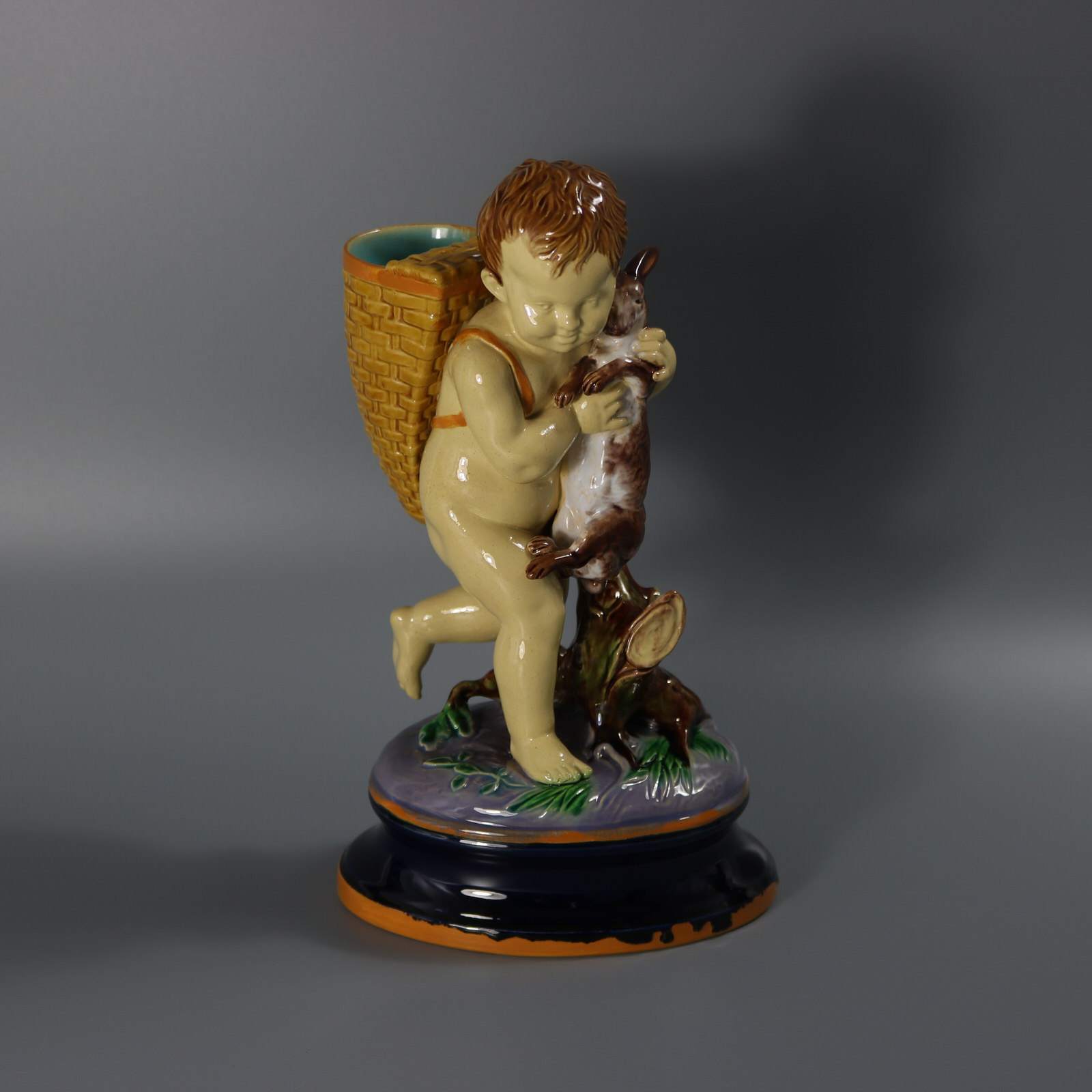 Brownfield Majolica Child with Rabbit Figure - ID#23326 Image 1