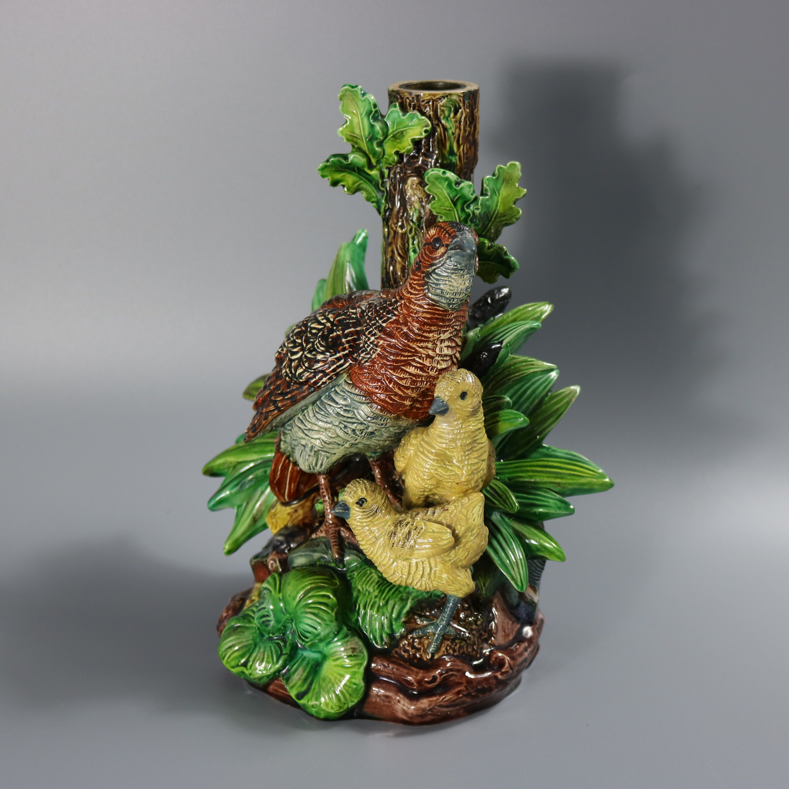 Hugo Lonitz Majolica Partridge and Chicks Candelabra Base - ID#23330 Image 2