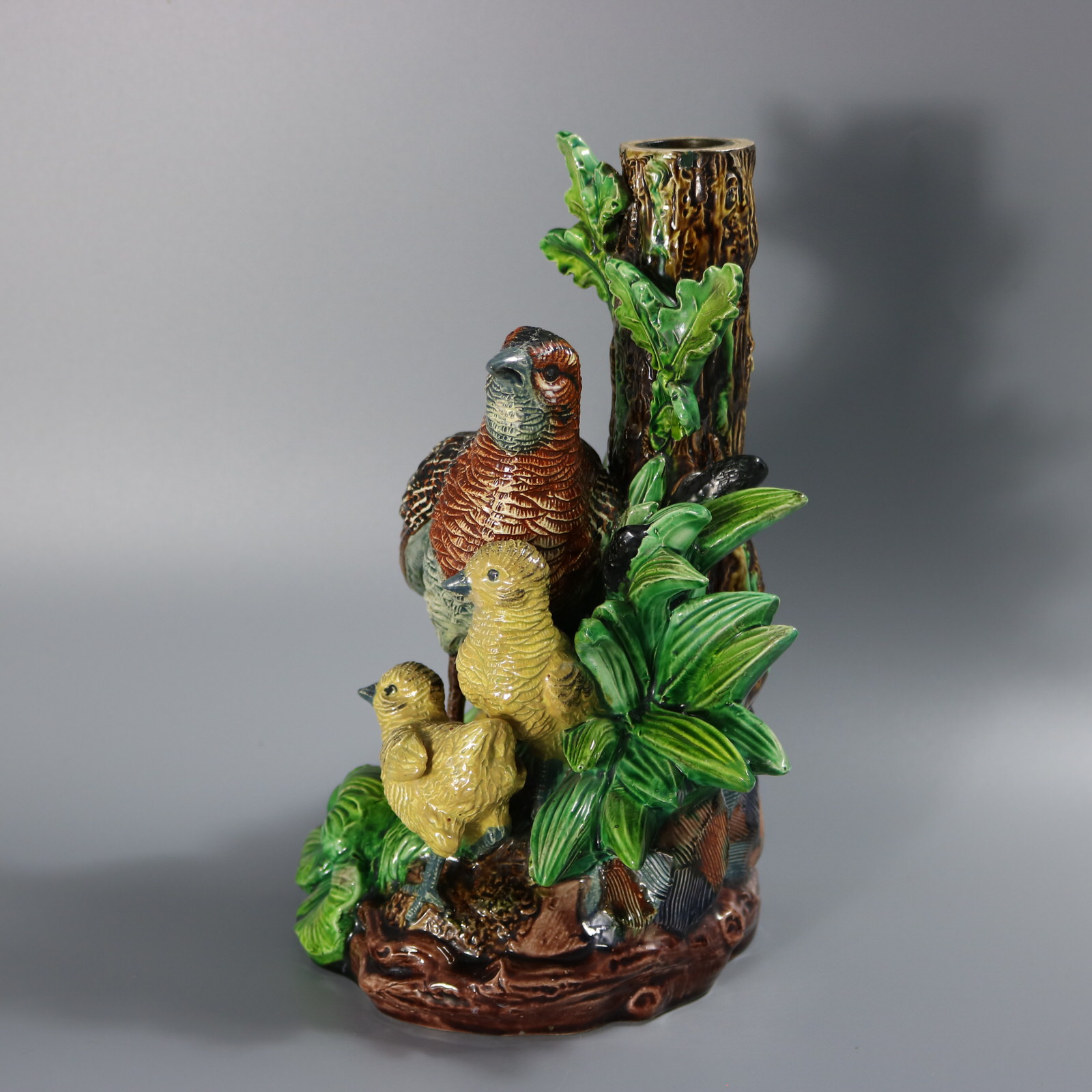 Hugo Lonitz Majolica Partridge and Chicks Candelabra Base - ID#23330 Image 3