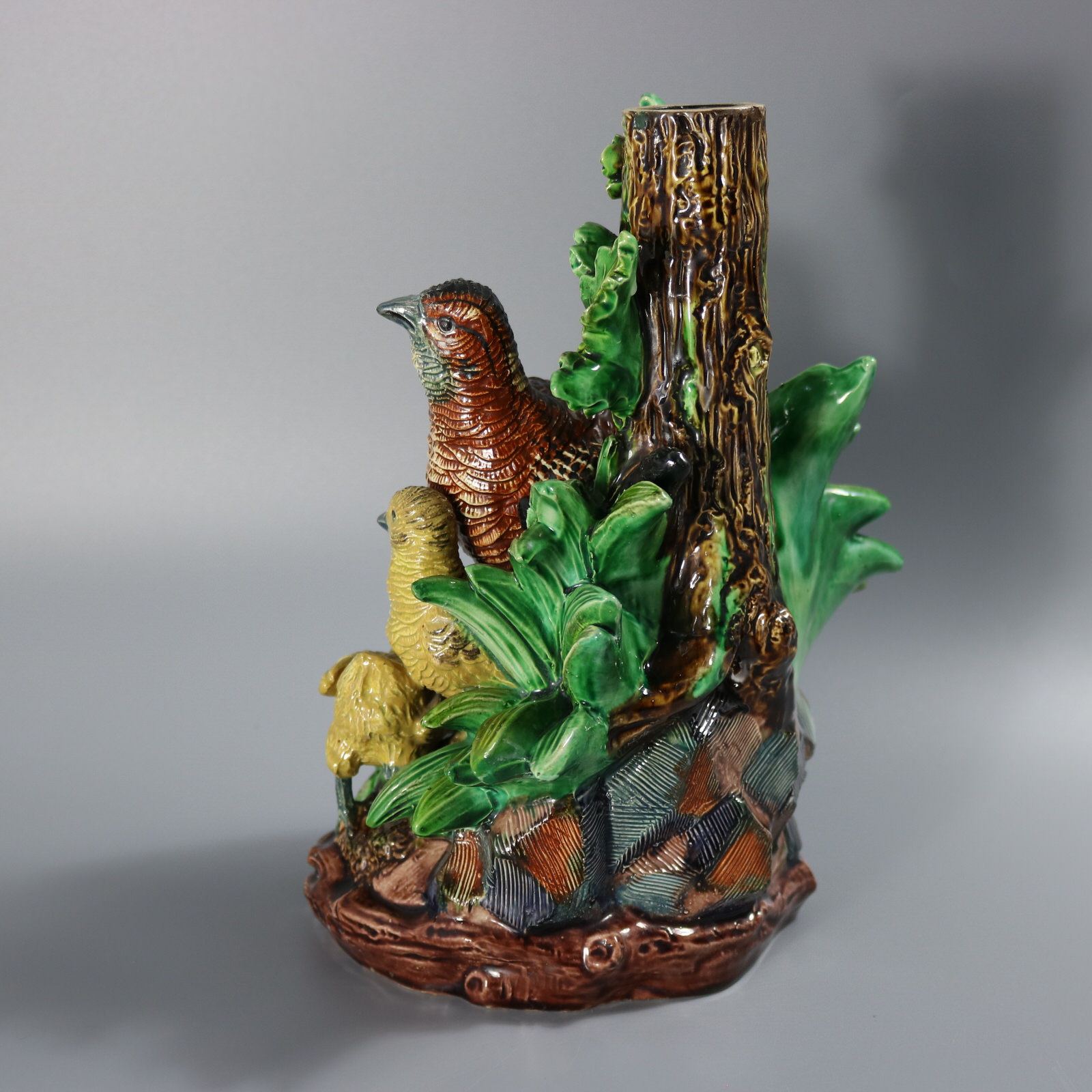 Hugo Lonitz Majolica Partridge and Chicks Candelabra Base - ID#23330 Image 4
