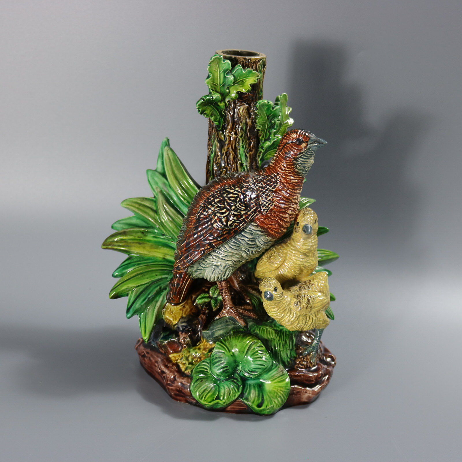 Hugo Lonitz Majolica Partridge and Chicks Candelabra Base - ID#23330 Image 1