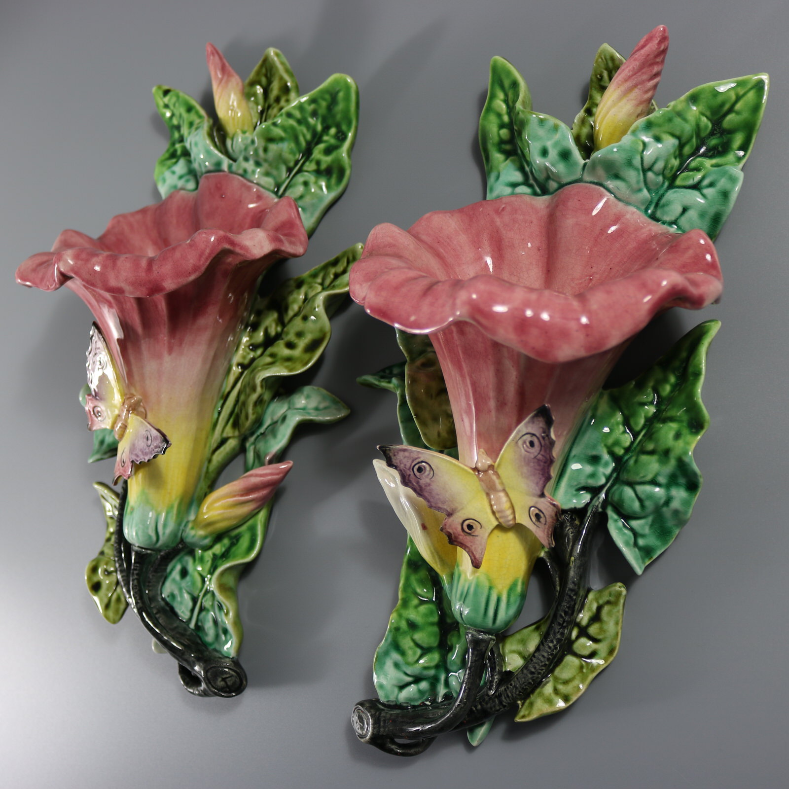Pair Fives-Lille Majolica Butterfly Wall Pockets - ID#23333 Image 3