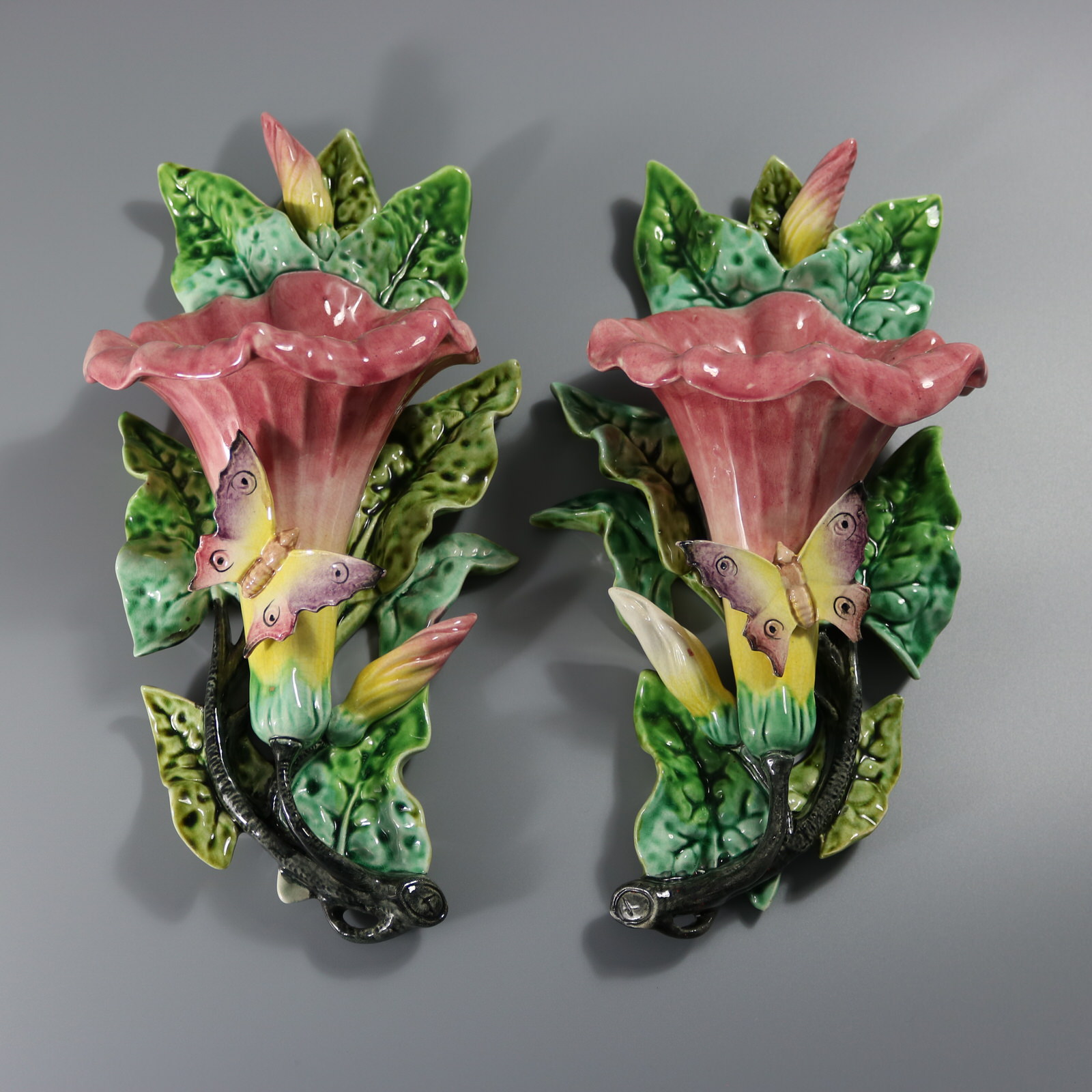 Pair Fives-Lille Majolica Butterfly Wall Pockets - ID#23333 Image 1