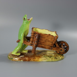 Jerome Massier Majolica Frog with Wheelbarrow