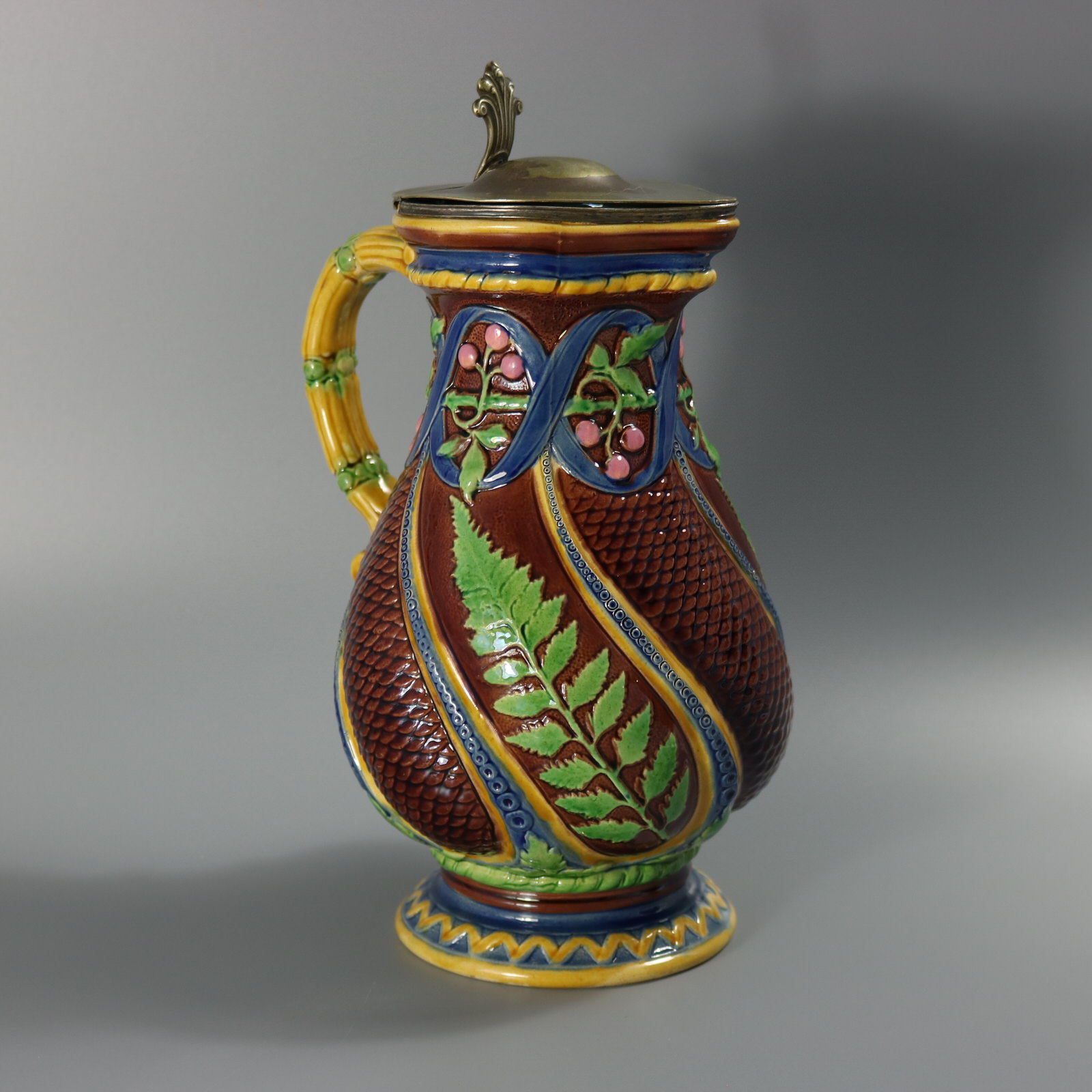 Minton Majolica Fern Jug with Pewter Lid - ID#23337 Image 4