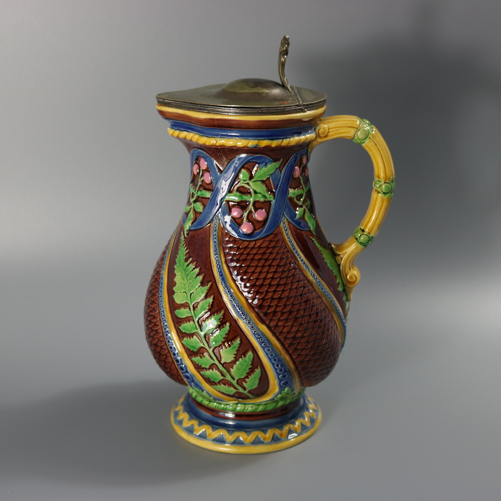 Minton Majolica Fern Jug with Pewter Lid - ID#23337 Image 1