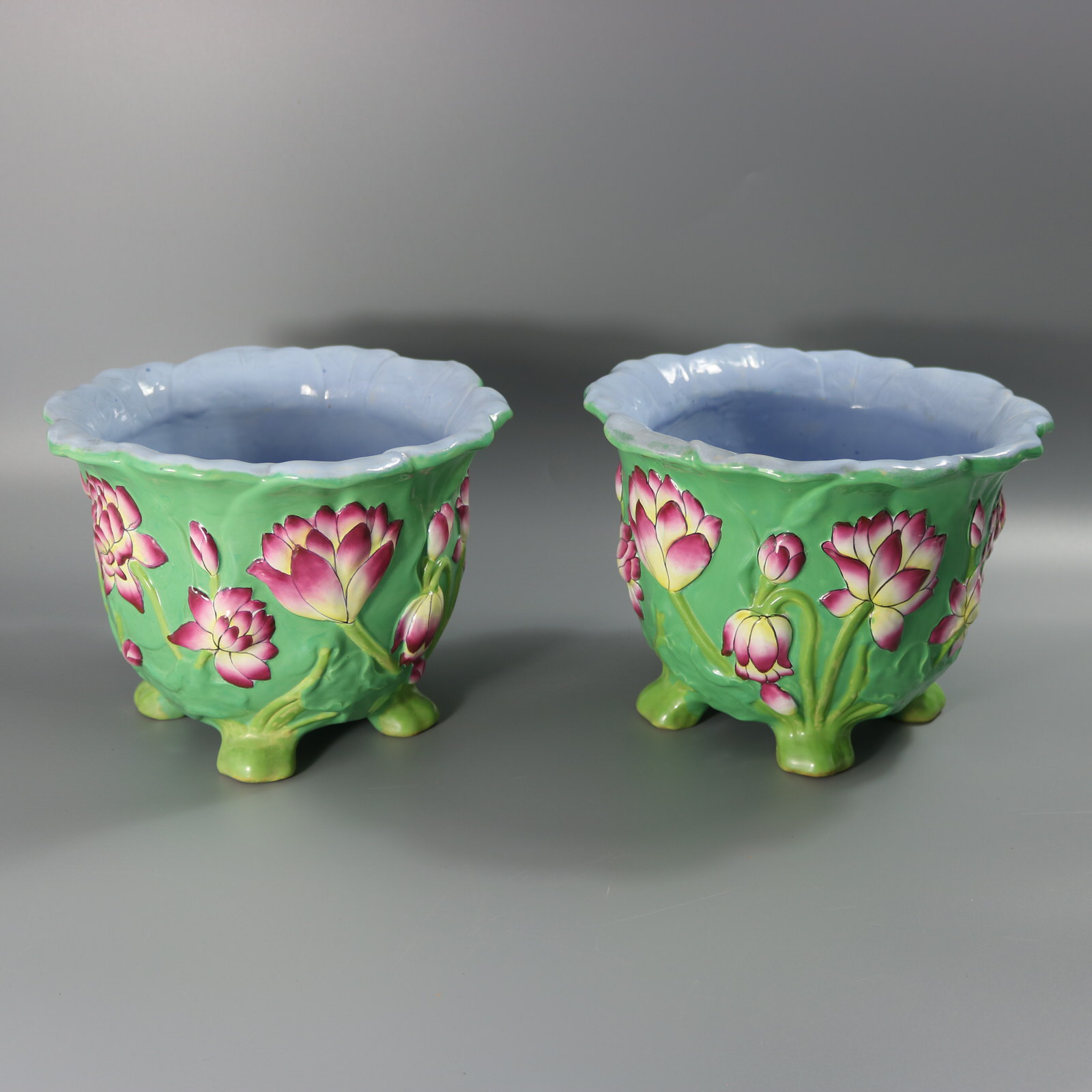 Pair Minton Majolica Lily Jardinieres - ID#23366 Image 2
