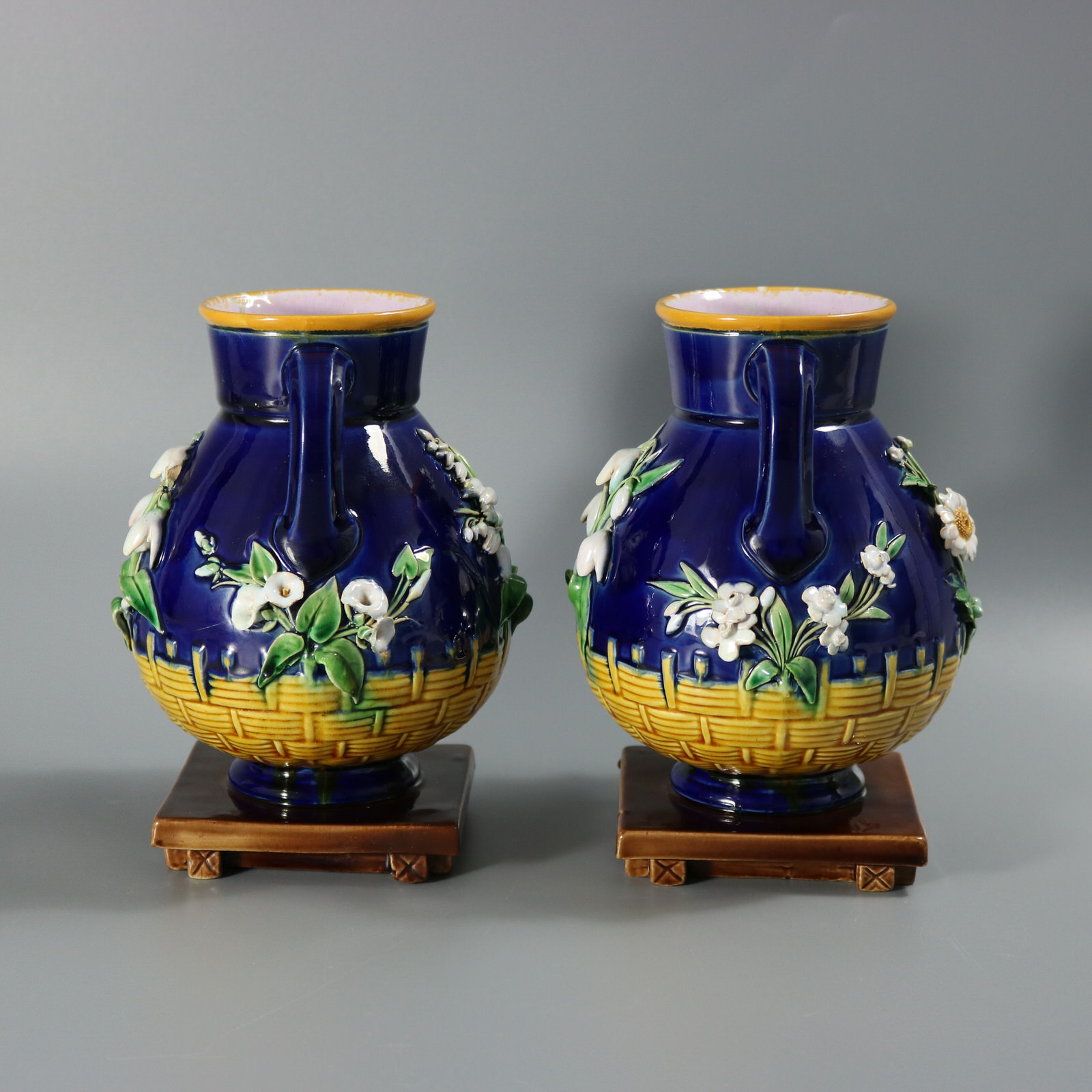 Pair Minton Majolica Floral Vases with Twin Handles - ID#23383 Image 2