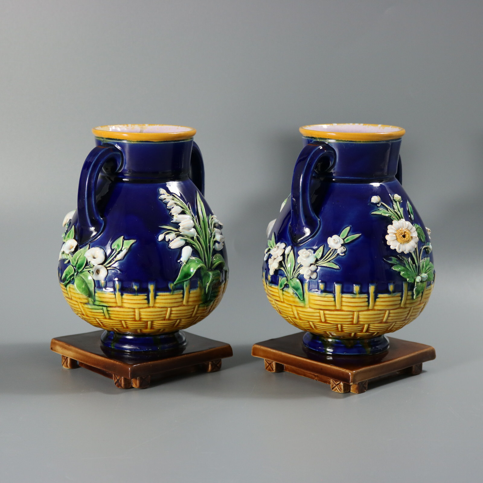 Pair Minton Majolica Floral Vases with Twin Handles - ID#23383 Image 3