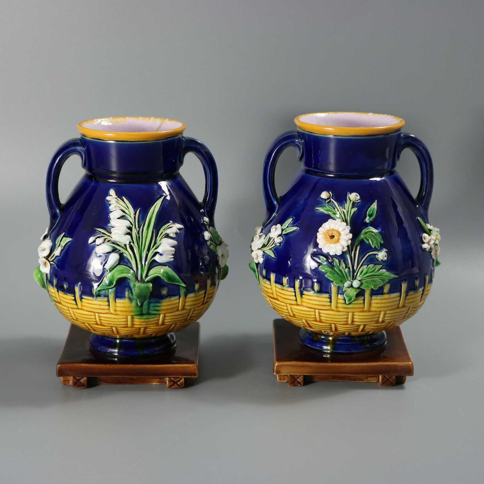 Pair Minton Majolica Floral Vases with Twin Handles - ID#23383 Image 4