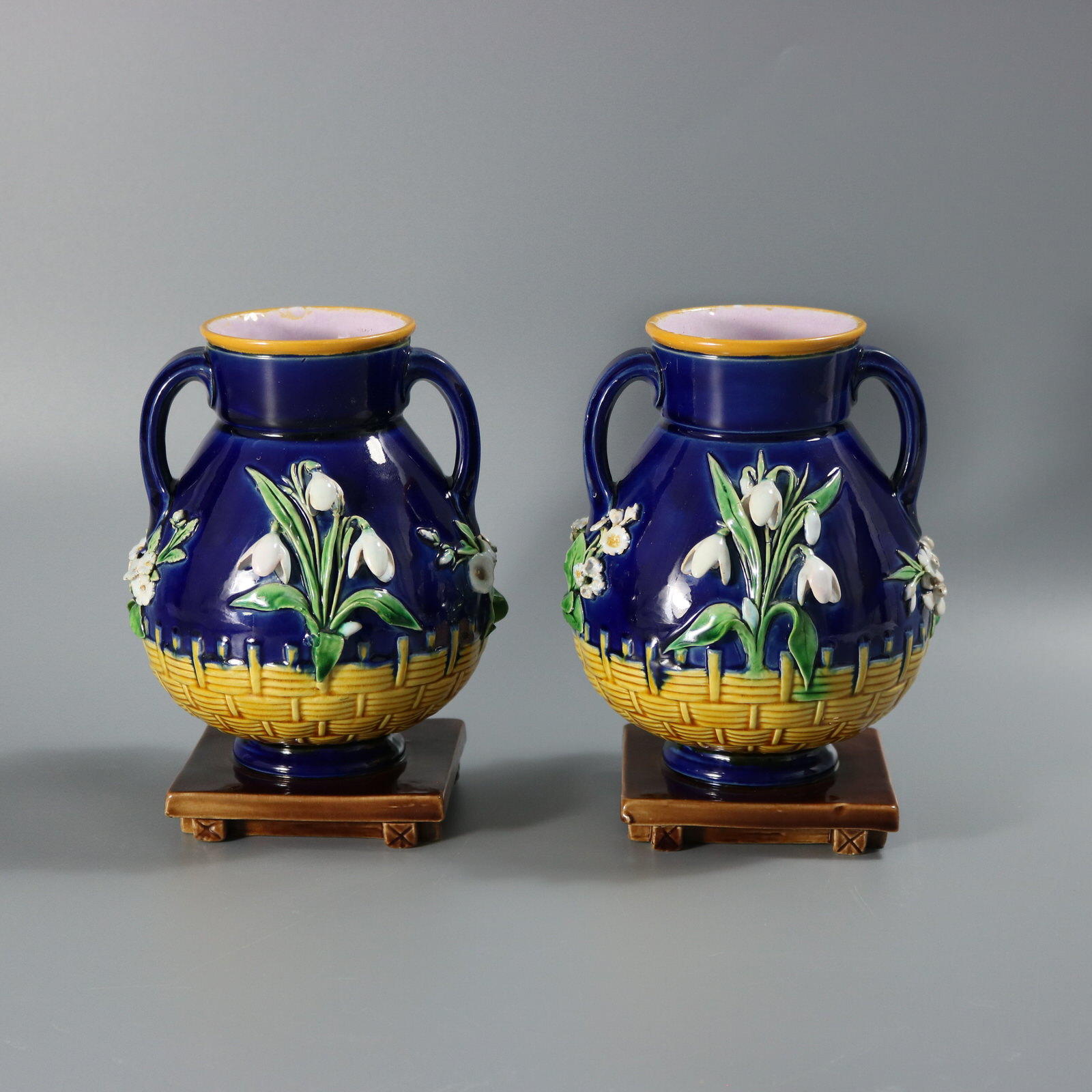 Pair Minton Majolica Floral Vases with Twin Handles - ID#23383 Image 1