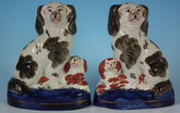 Pair Staffordshire Spaniels&pups on cobalt bases