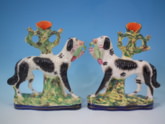 Pair Staffordshire Irish Setter & Bird spill vases