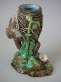 George Jones Majolica bird on nest menu holder vase