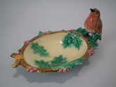 Minton Majolica robin with holly nut dish