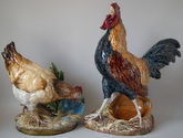 Pair Choisy Le Roi Majolica Hen & Cockerel/Rooster figurals