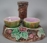 Majolica snake egg cup holder with two egg cups