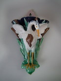 Holdcroft Majolica heron & bulrushes wall pocket