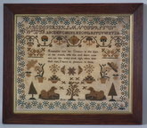 Antique Sampler, 1840 Silkwork Sampler with dogs by Ann Smart