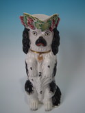 Staffordshire black & white begging spaniel pitcher