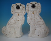 Large Pair Staffordshire white & gilt spaniels