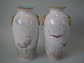 Pair Minton Majolica hand painted, signed, pictorial vases