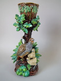 Lonitz Majolica partridge & chicks cache pot and stand