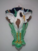 Holdcroft Majolica heron & bulrushes wall pocket