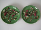 Pair Small Cuhna Palissy Majolica cherry wall plates