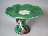 Majolica lily pad and heron compote