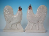 Pair Staffordshire white and gilt cockerels/roosters