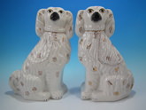 Large Pair Staffordshire white & gilt spaniels