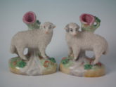 Pair Kent Staffordshire sheep & ram spill vase