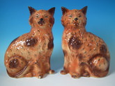 Pair Staffordshire ginger cats with glass eyes