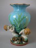 Minton majolica vase supported by three mermen