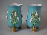 Pair Minton Majolica snowdrop vases with bulb feet