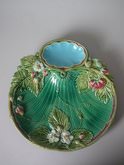 Minton Majolica Strawberry dish with Green ground