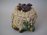 Rare Majolica Palissy bird on nest pot & cover