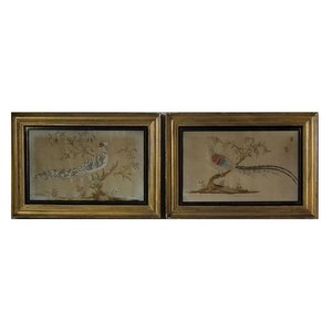 Pair Silkwork Embroideries Depicting Exotic Pheasants