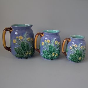 Set 3 Wedgwood Majolica Primrose Pitchers